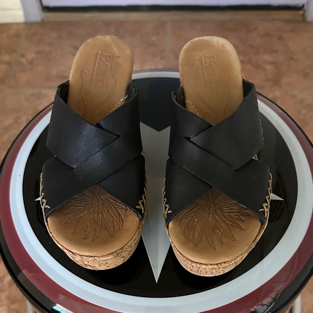 b.o.c. Black and Tan Leather Mules